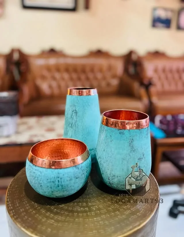 Antique Pitcher Style Brass and Copper Table Vase Set