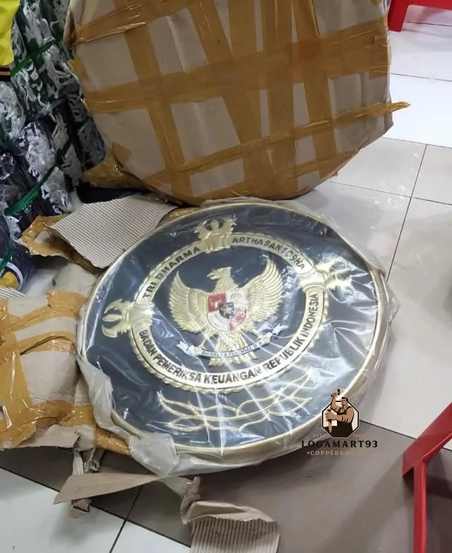 Custom Hammered Brass Tri Dharma Artha Santosa BPK Logo Packed