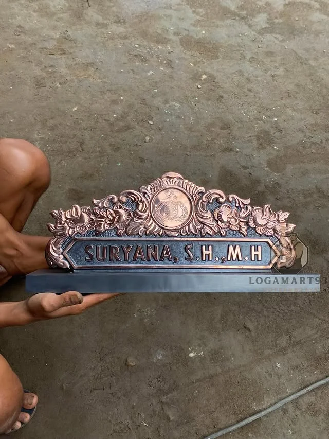 Custom Antique Carved Copper Desk Nameplate