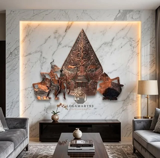 Custom Carved Copper Gunungan and Wayang Wall Decor Set