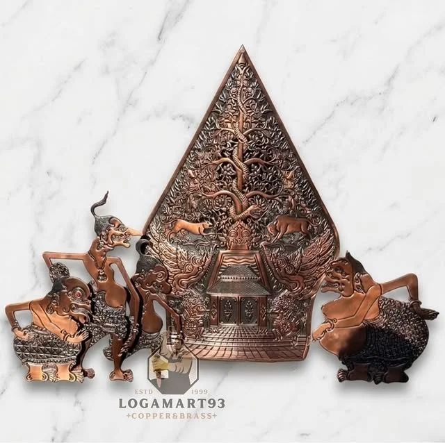Custom Carved Copper Gunungan and Wayang Wall Decor Set